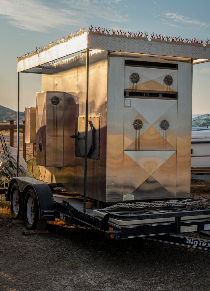 A metallic trailer unit on a vehicle trailer, outdoors at sunset.